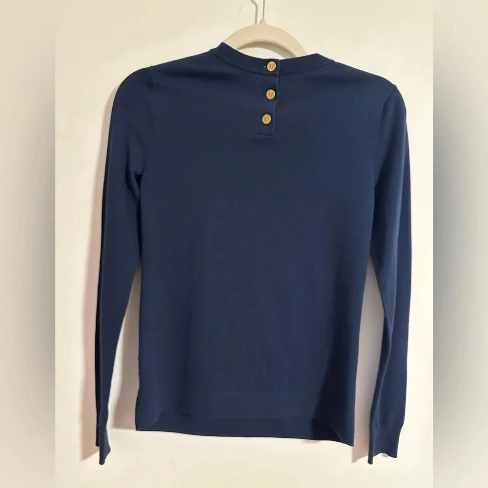 Tory Burch Silk print front patch navy light sweater